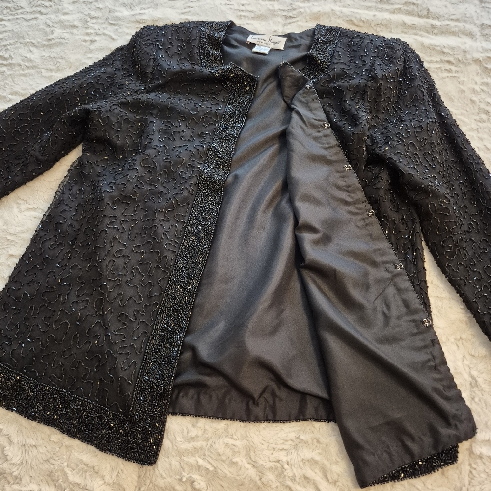Laurence Kazar Elegant Black Beaded 100% Silk Jacket Blazer Size Medium - Picture 11 of 12